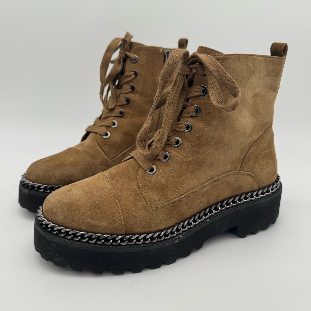 Vince Camuto Mindinta Tan Brown Suede Leather Chunky Sole Chain Boots Size 8.5 M